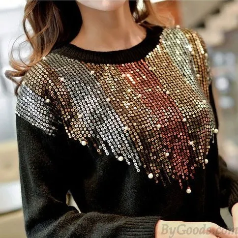 INVERTED TRIANGLE SEQUINED RAGLAN LONG SLEEVES ONECK KNIT FASHION SWEATER