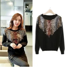 Inverted Triangle Sequined Raglan Long Sleeves O-neck Knit Fashion Sweater