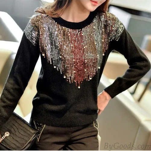 INVERTED TRIANGLE SEQUINED RAGLAN LONG SLEEVES ONECK KNIT FASHION SWEATER