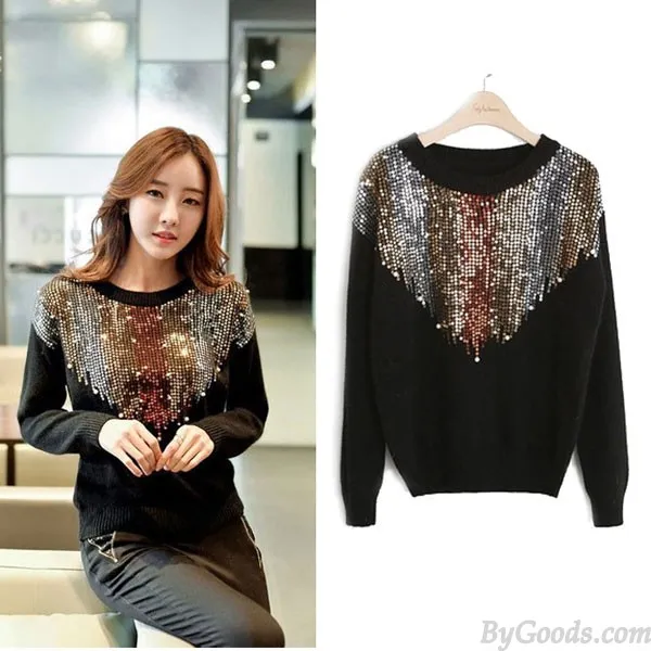 INVERTED TRIANGLE SEQUINED RAGLAN LONG SLEEVES ONECK KNIT FASHION SWEATER