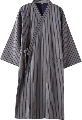 Japanese Striped Kimono Robe - Soft V-neck Yukata Bathrobe