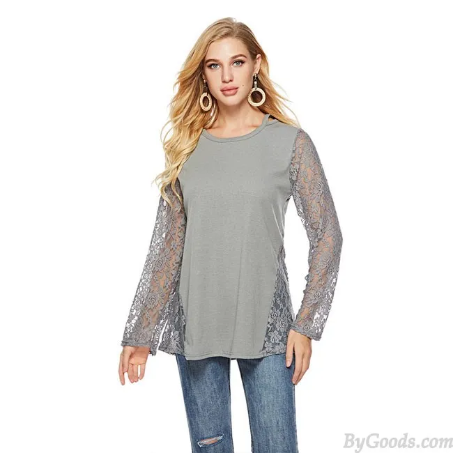 Leisure Hollow Lace Splice Round Neck Long Sleeve Women's Sweater