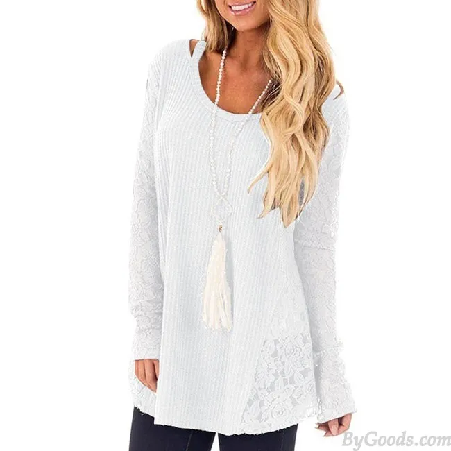 Leisure Hollow Lace Splice Round Neck Long Sleeve Women's Sweater