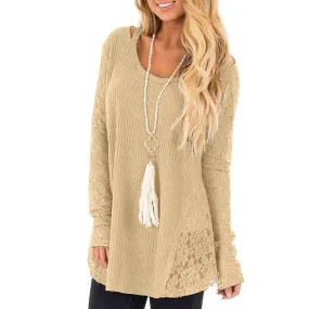 Leisure Hollow Lace Splice Round Neck Long Sleeve Women's Sweater