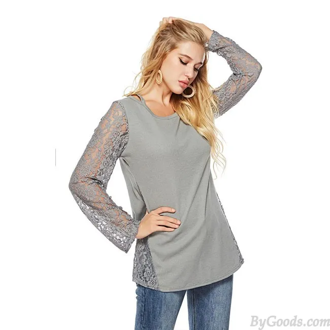 Leisure Hollow Lace Splice Round Neck Long Sleeve Women's Sweater