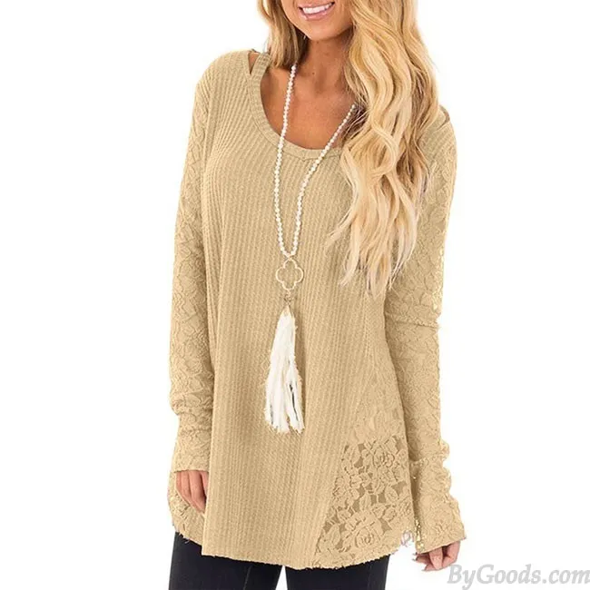 Leisure Hollow Lace Splice Round Neck Long Sleeve Women's Sweater