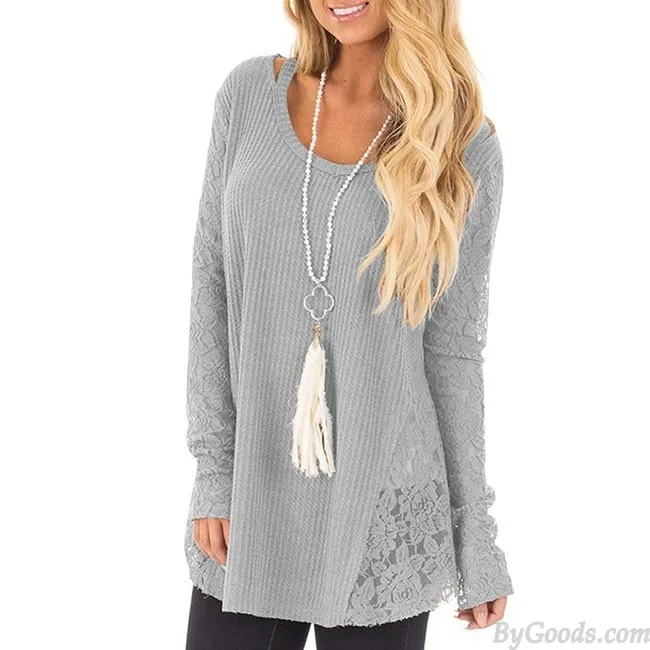 Leisure Hollow Lace Splice Round Neck Long Sleeve Women's Sweater