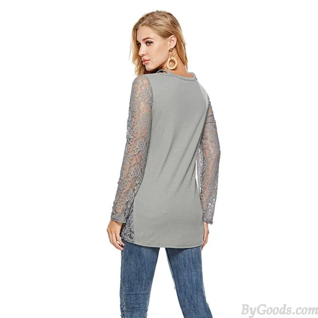 Leisure Hollow Lace Splice Round Neck Long Sleeve Women's Sweater