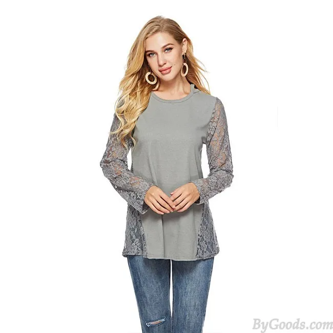 Leisure Hollow Lace Splice Round Neck Long Sleeve Women's Sweater