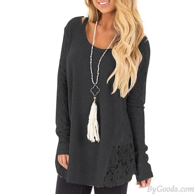 Leisure Hollow Lace Splice Round Neck Long Sleeve Women's Sweater