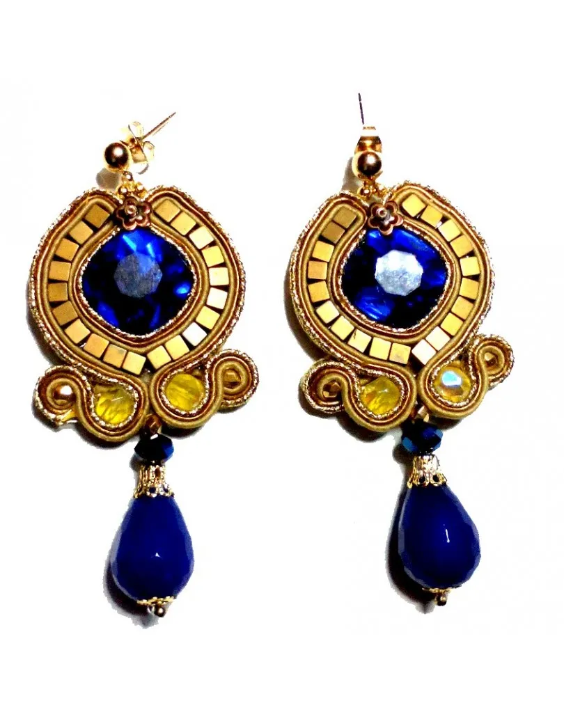 PENDIENTES GRANDES SOUTACHE AZUL Y DORADO