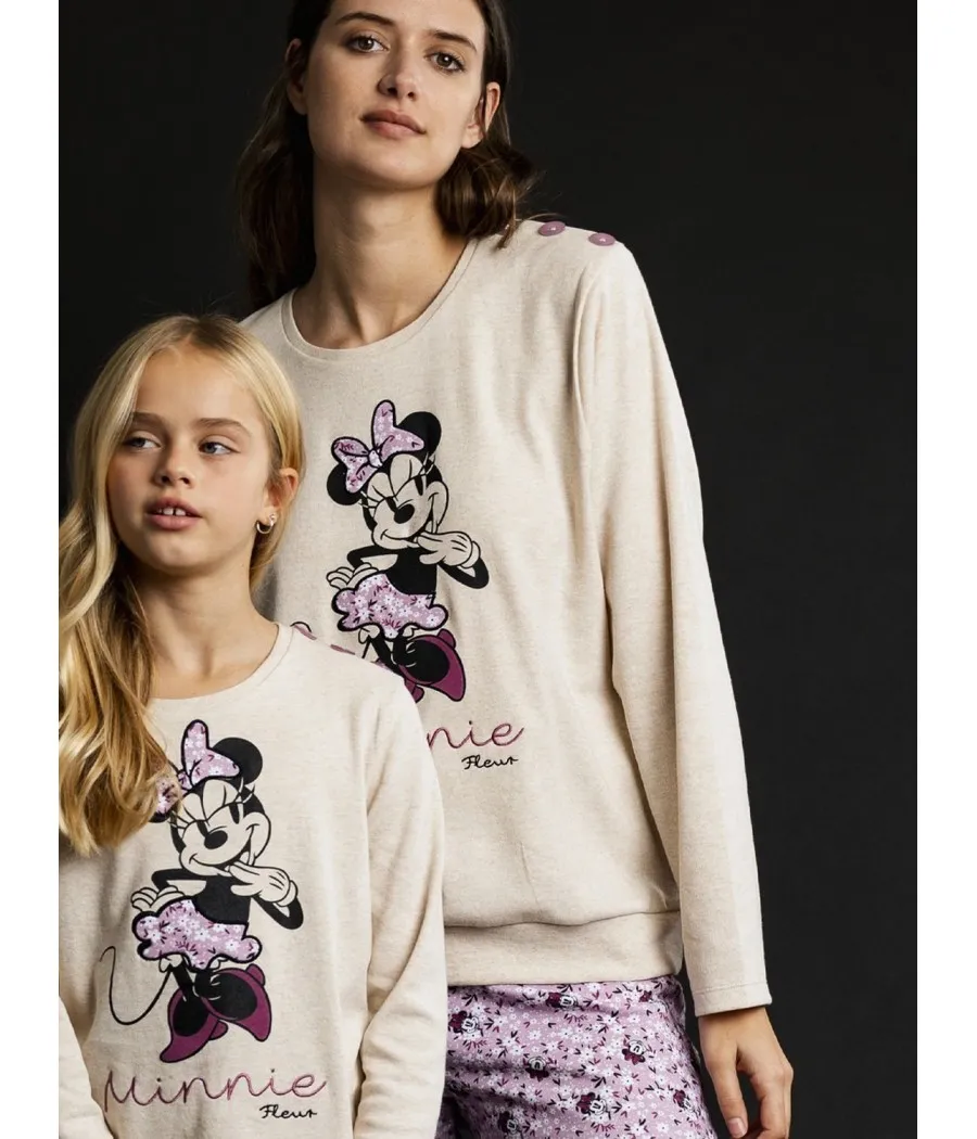 Pijama mujer invierno Disney Minnie Fleur beige algodón