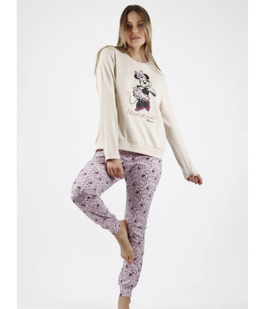 Pijama mujer invierno Disney Minnie Fleur beige algodón