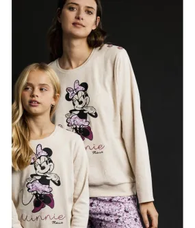 Pijama mujer invierno Disney Minnie Fleur beige algodón