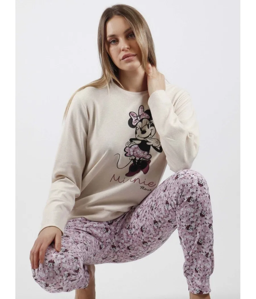 Pijama mujer invierno Disney Minnie Fleur beige algodón