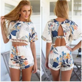 Round Neck Hollow Backless Floral Tow Pieces Suits Jumpsuit