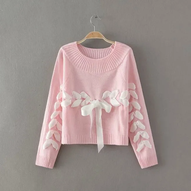 SWEET ONECK WEAVE RIBBON RAGLAN SLEEVE BOW KNIT LOOSE SHORT  SWEATER