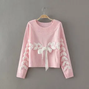 Sweet O-neck Weave Ribbon Raglan Sleeve Bow Knit Loose Short  Sweater