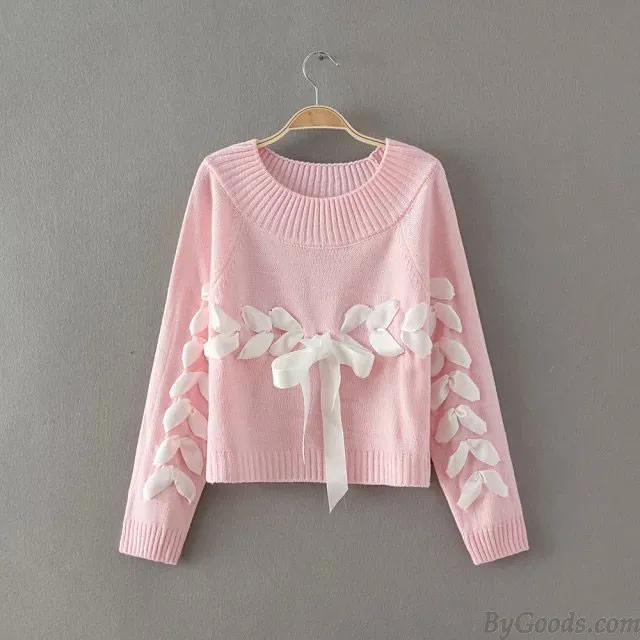 SWEET ONECK WEAVE RIBBON RAGLAN SLEEVE BOW KNIT LOOSE SHORT  SWEATER