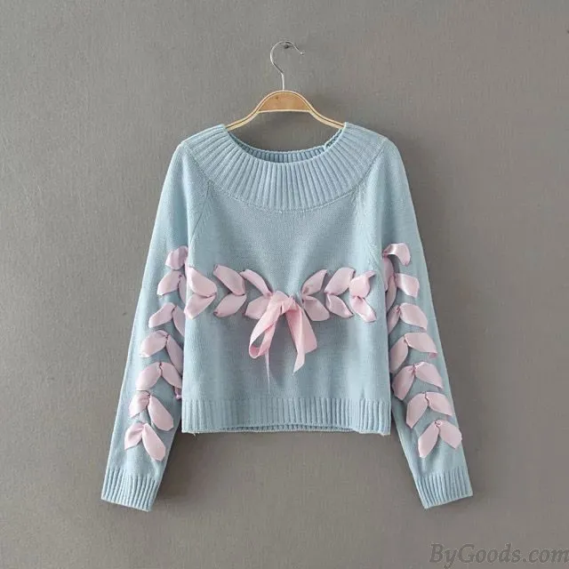 SWEET ONECK WEAVE RIBBON RAGLAN SLEEVE BOW KNIT LOOSE SHORT  SWEATER