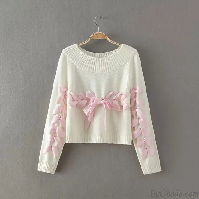 SWEET ONECK WEAVE RIBBON RAGLAN SLEEVE BOW KNIT LOOSE SHORT  SWEATER