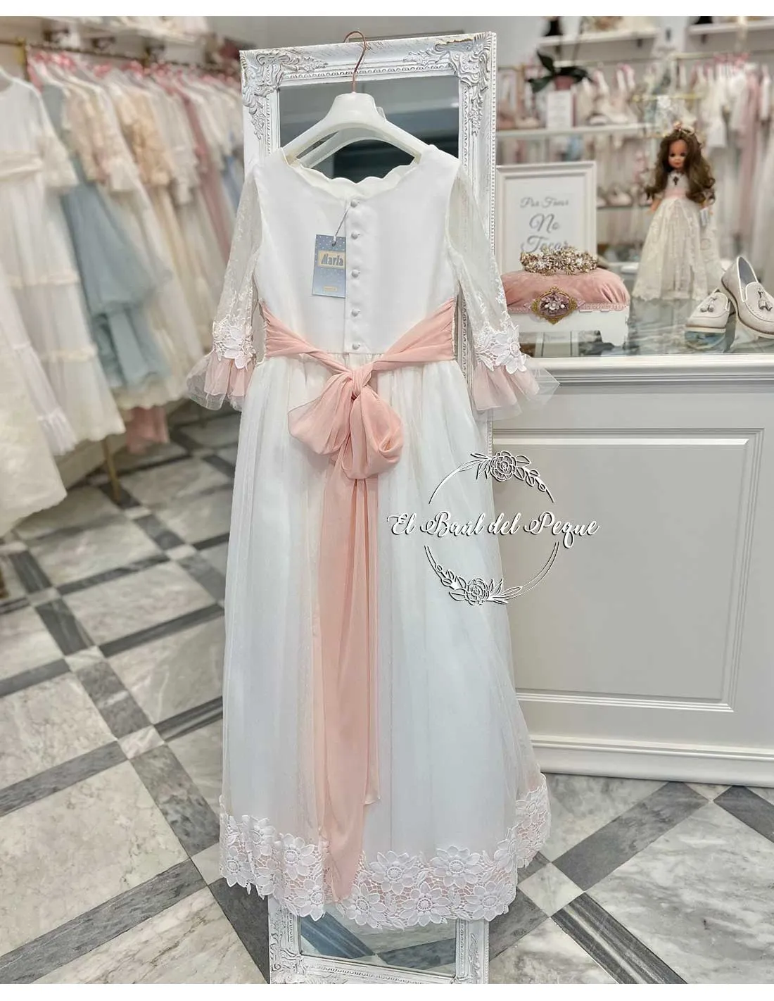 Vestido Comunión Tul de Plumeti Blanco y Rosa Marla