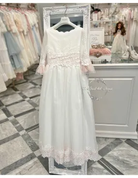 Vestido Comunión Tul de Plumeti Blanco y Rosa Marla