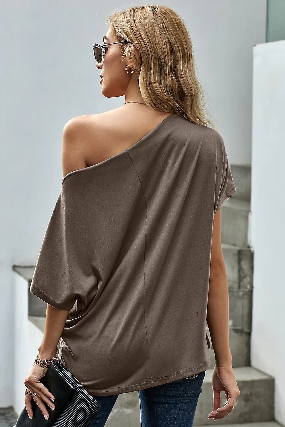 WOMEN'S APRICOT OFFTHESHOULDER SLASH NECK CASUAL LOOSE FITTING TOP