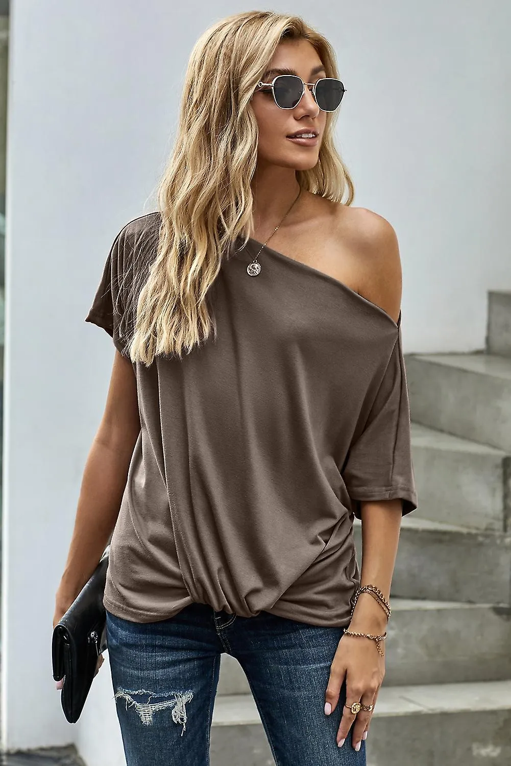 WOMEN'S APRICOT OFFTHESHOULDER SLASH NECK CASUAL LOOSE FITTING TOP