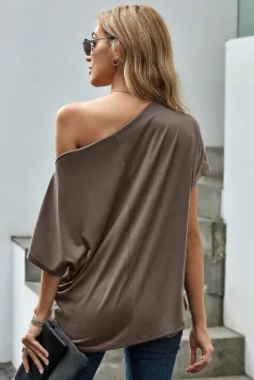 Women's Apricot Off-the-shoulder Slash Neck Casual Loose Fitting Top