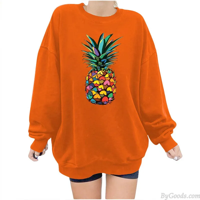 Women's Casual Loose Pullover Round Neck Pineapple Print Sweatshirt