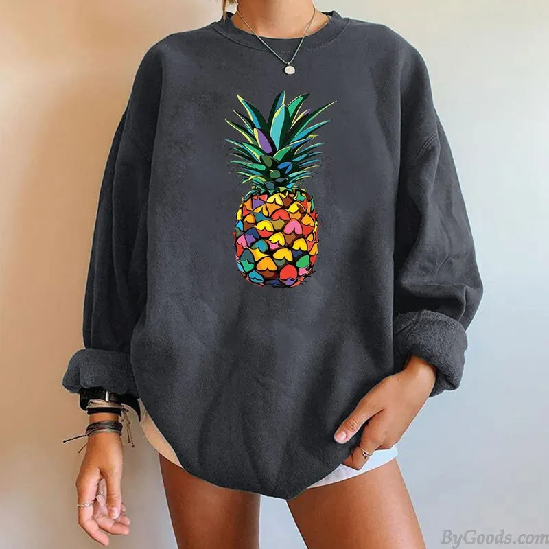 Women's Casual Loose Pullover Round Neck Pineapple Print Sweatshirt