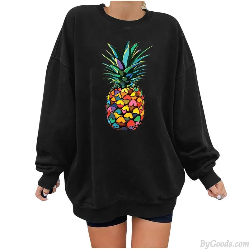 Women's Casual Loose Pullover Round Neck Pineapple Print Sweatshirt