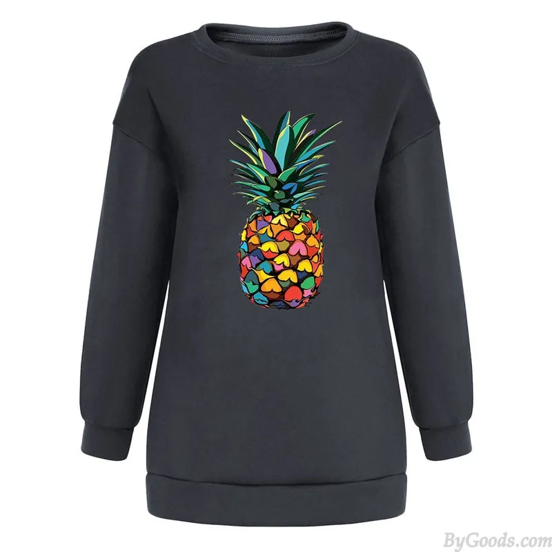 Women's Casual Loose Pullover Round Neck Pineapple Print Sweatshirt