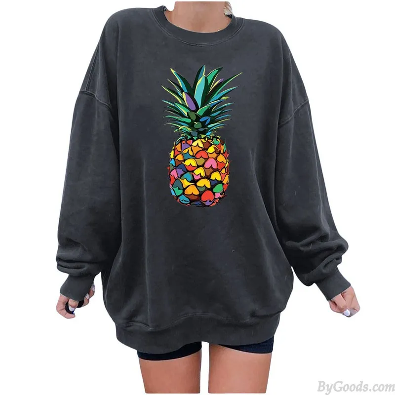 Women's Casual Loose Pullover Round Neck Pineapple Print Sweatshirt