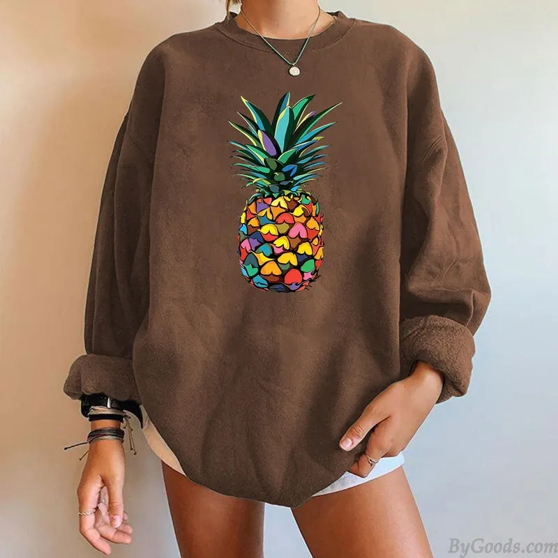 Women's Casual Loose Pullover Round Neck Pineapple Print Sweatshirt